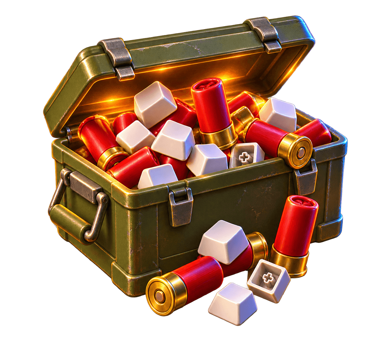 An ammo crate overflowing with shotgun shells and keyboard keycaps