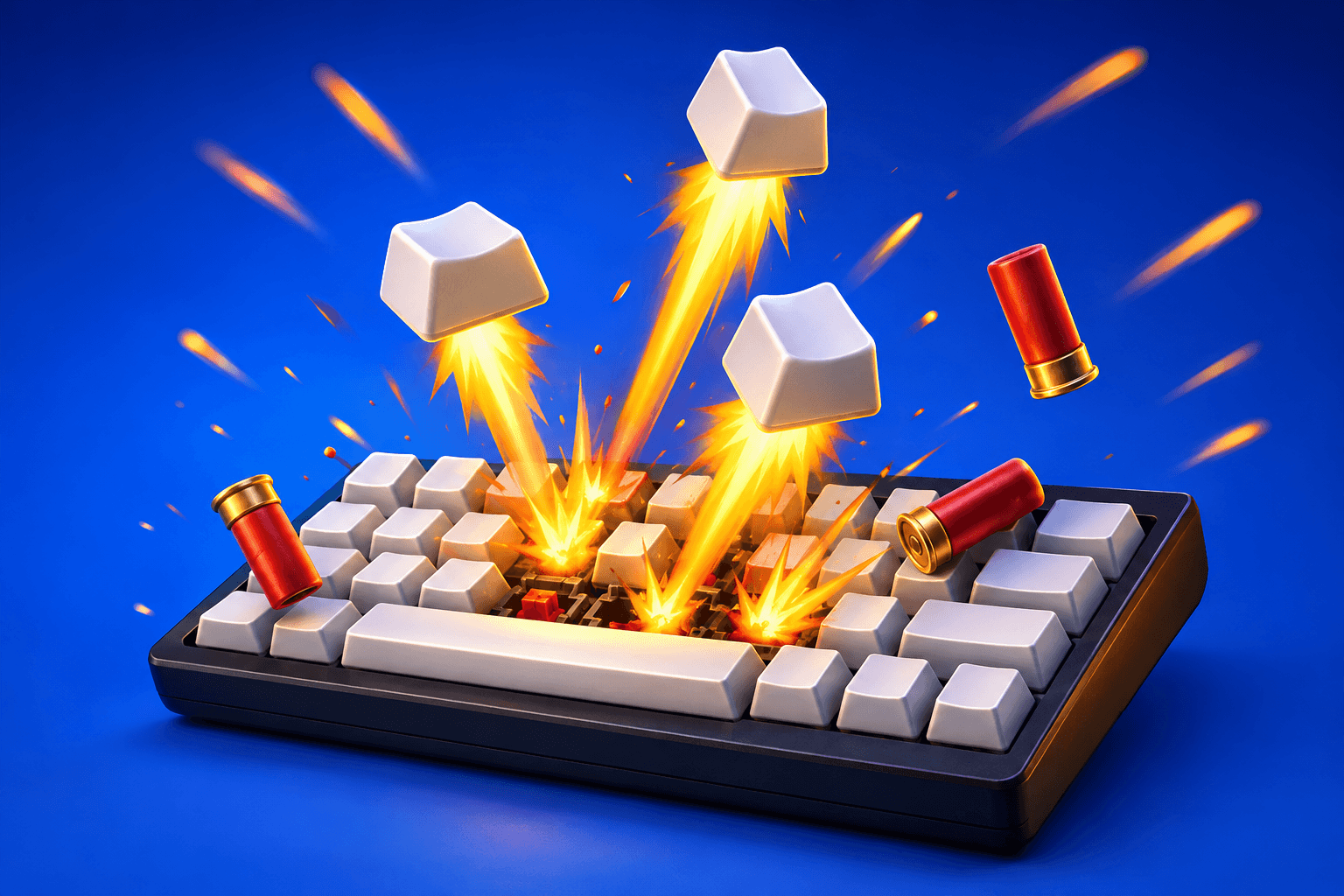 A mechanical keyboard with keycaps blasting off in muzzle flashes while shotgun shells bounce off the keys